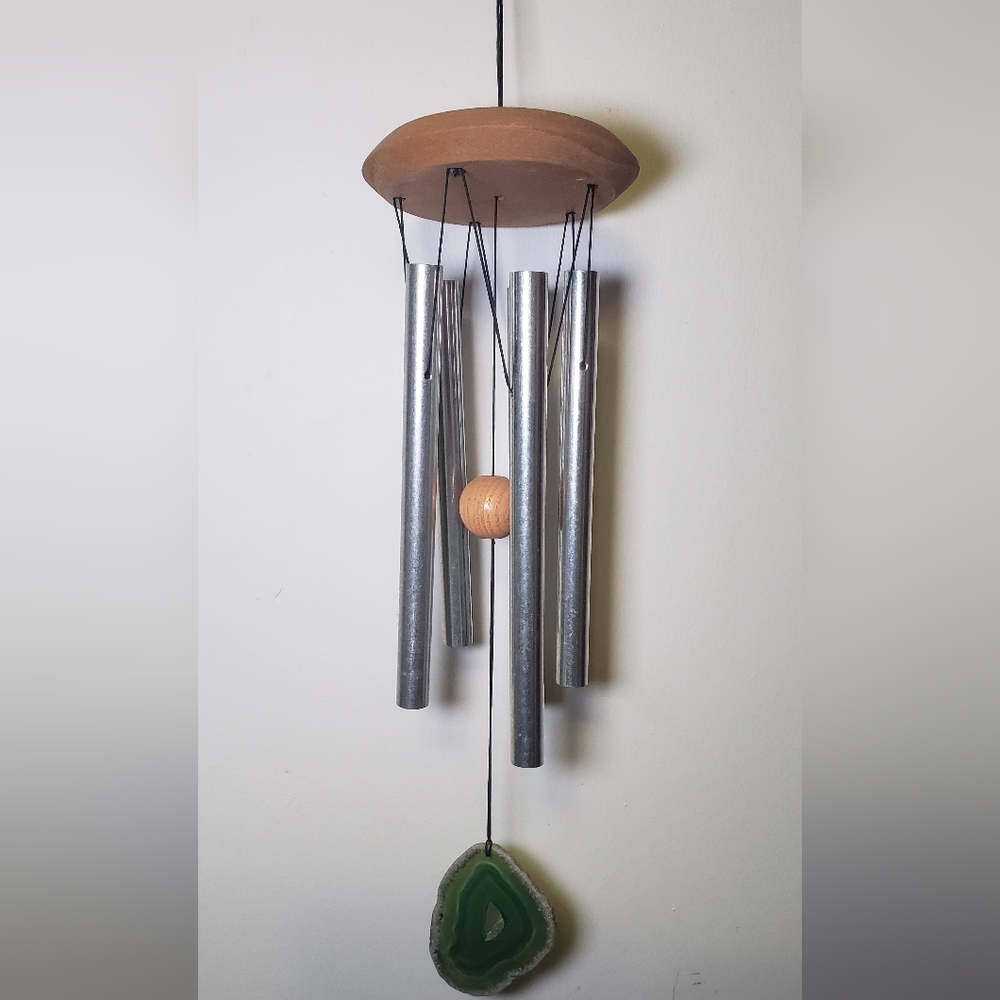 Silver Metal Wind Chime with Natural Wood Bead - Home Wall Decor